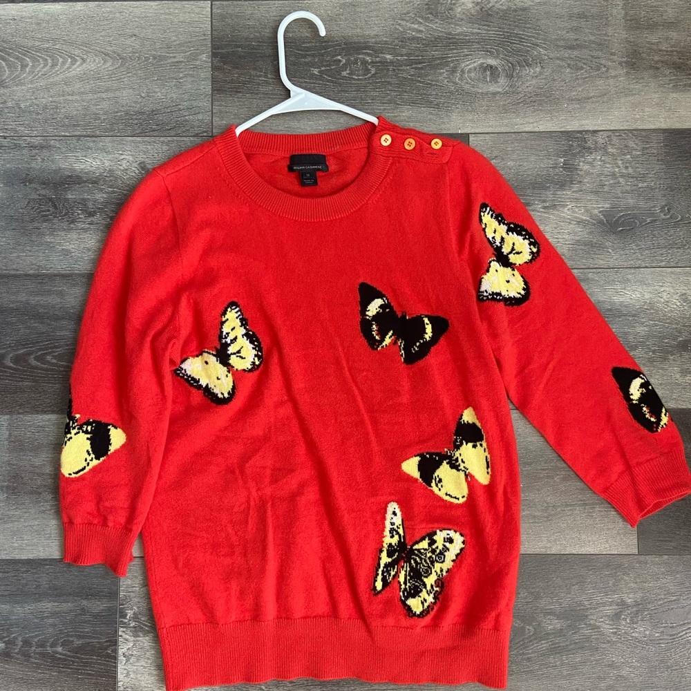 J crew red butterfly cashmere sweater